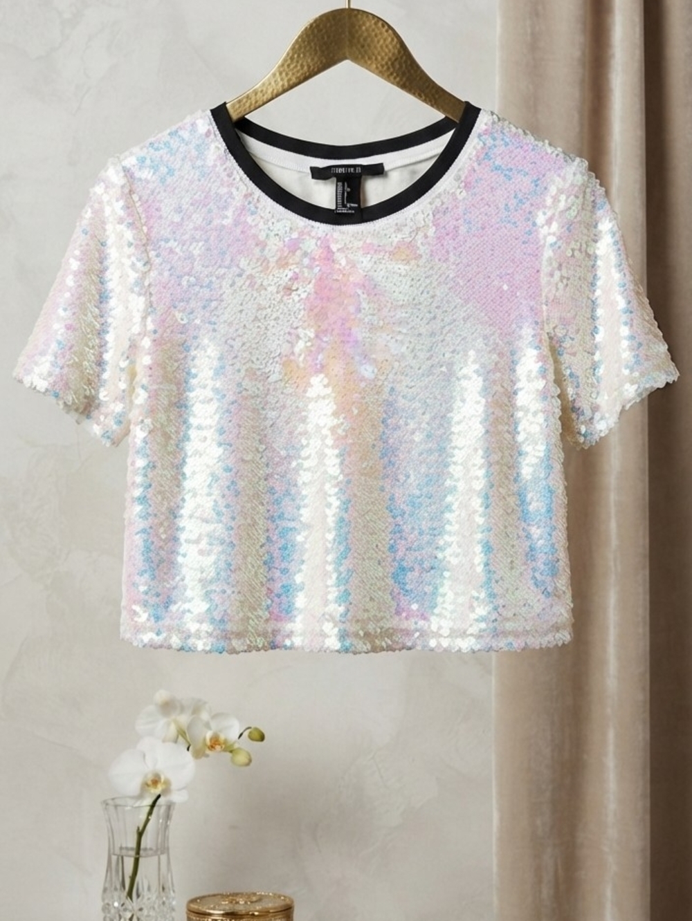 Forever 21 Iridescent Sequin Crop Top - White with Pink & Blue Sheen